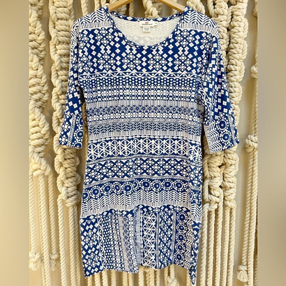 Vineyard Vines 3/4 Sleeve Blue White Print Shift Dress